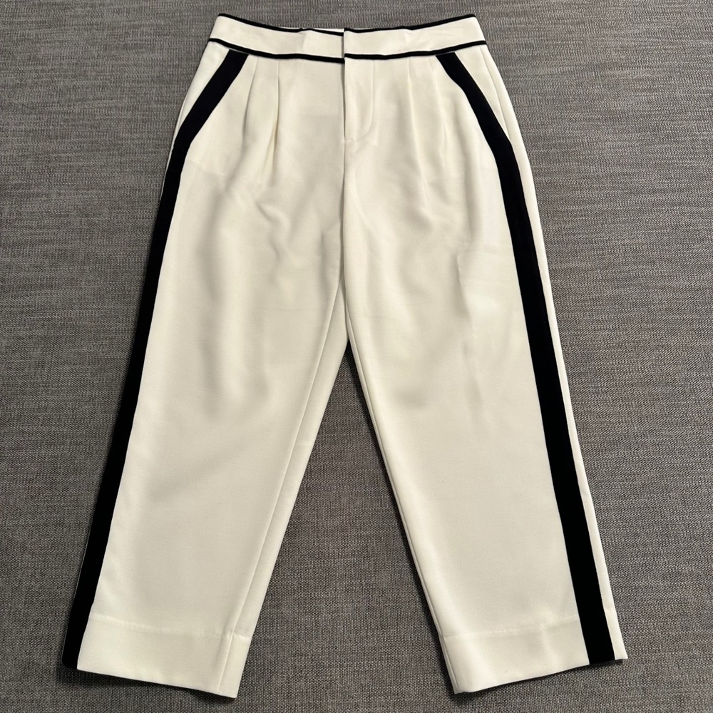 Alice + Olivia Classics Trousers Womens 8 Cream Black Side Stripe Pleated